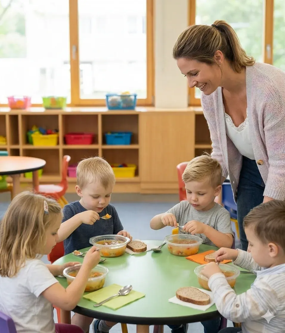 Educatoare cu copiii la masă - La Familia Catering